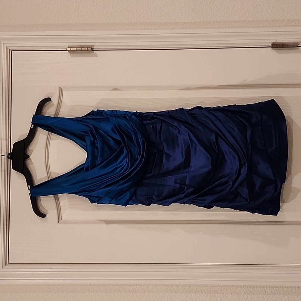 Emerald and blue ruched silk dress